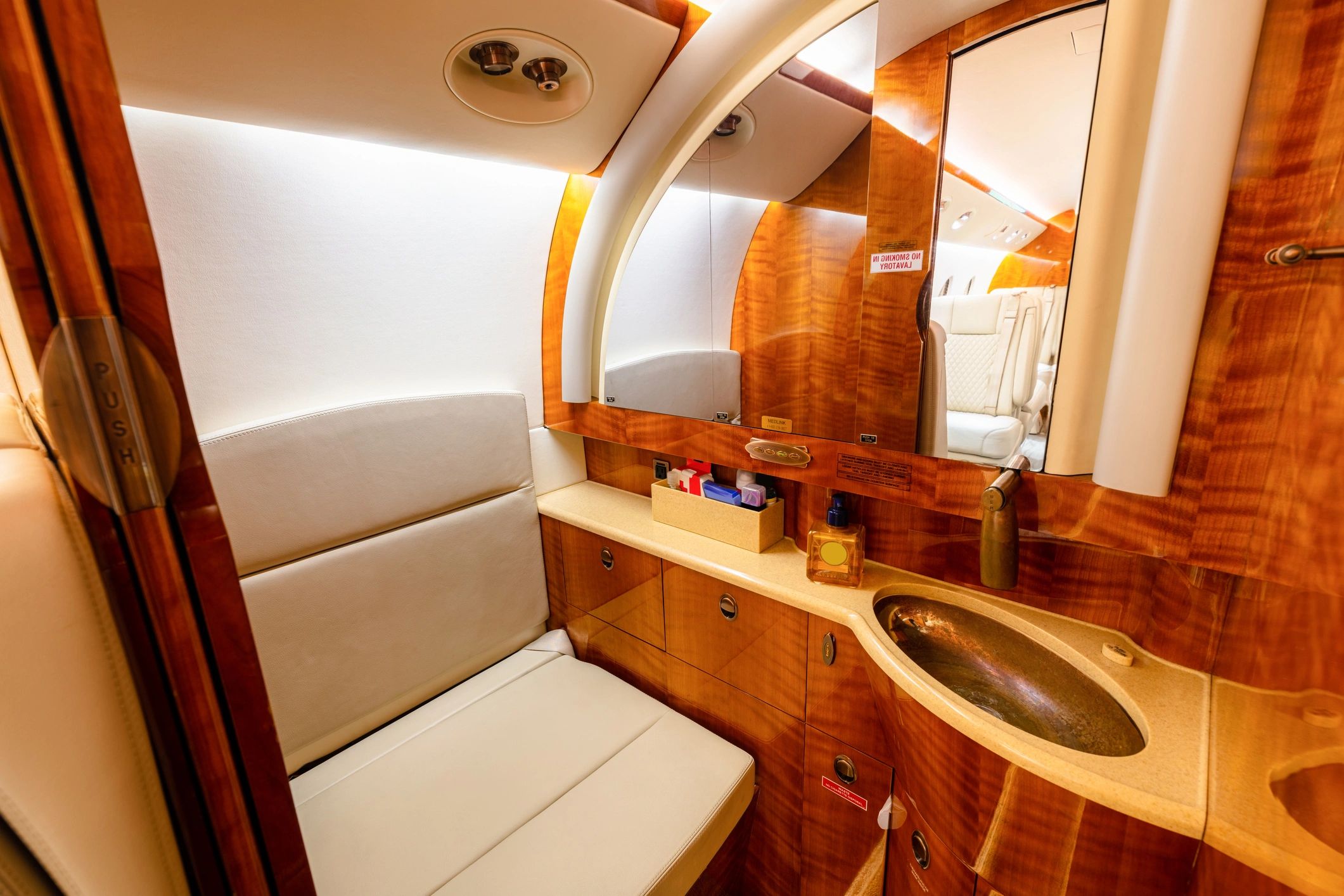 Luxury private travel interior with polished amenities